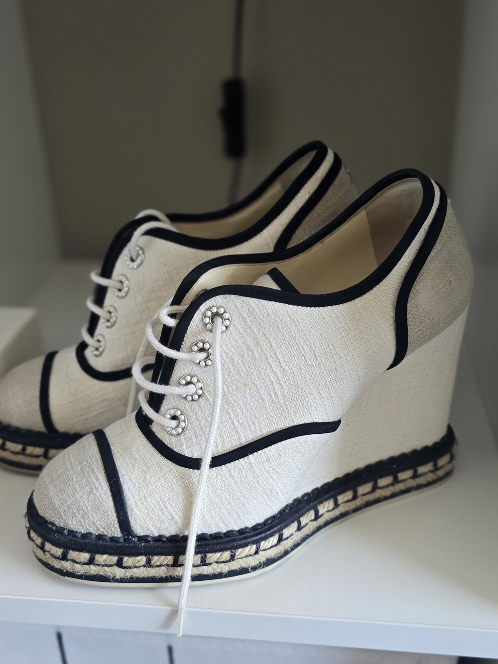 CHANEL Cream and Black Lace-Up Espadrille Wedge Sneakers